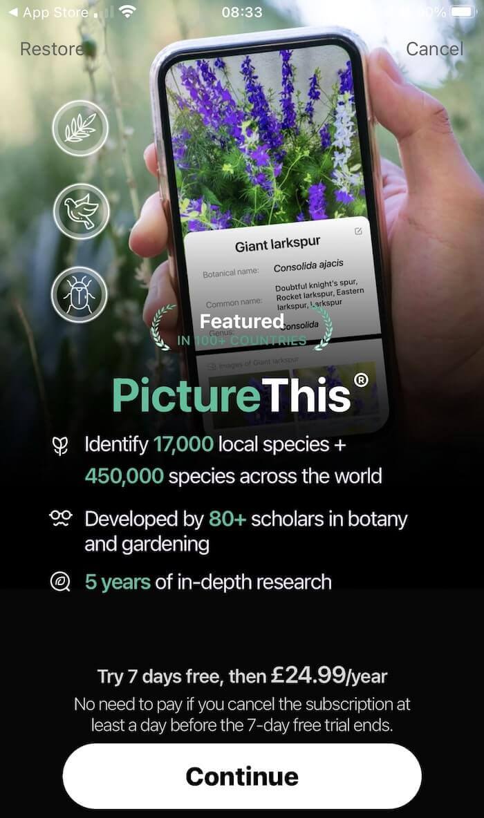 Screenshot of "PictureThis" app in the App Store.