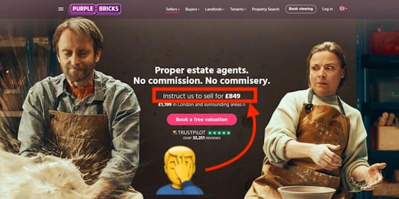 Screenshot of Purple Bricks "commisery" website - you can sell your house more cheaply with them, but you may end up worse-off overall. 