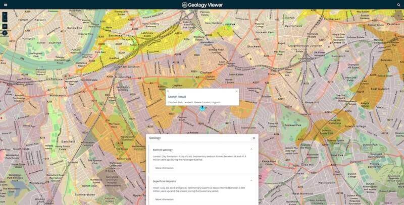 Screenshot of BGS Geology Viewer Clapham Park with clay soil
