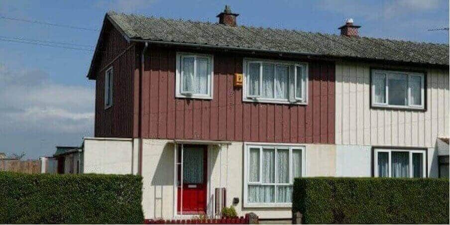 A picture of semi-detached BISF houses showing recognisable characteristics.