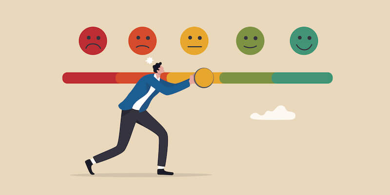 Cartoon man changing customer feedback from bad to good. Can you trust house-buying company reviews? How to avoid the scams. 