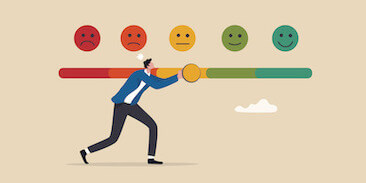 Cartoon man changing customer feedback from bad to good. Can you trust house-buying company reviews? How to avoid the scams. 