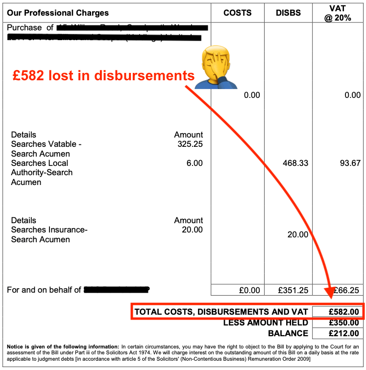 Screenshot of a solicitor bill for disbursements, payable after a sale had fallen through. 