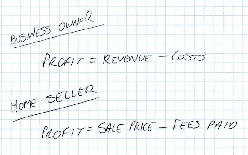 Sketched out letters saying that, for business owners, Profit = Revenue - Costs. For home sellers, profit = Sale Price - Fees Paid. So you shouldn't just focus on minimising the fees you pay. Getting a good price is important too. 