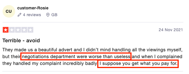 Image of a 1 star review for a 