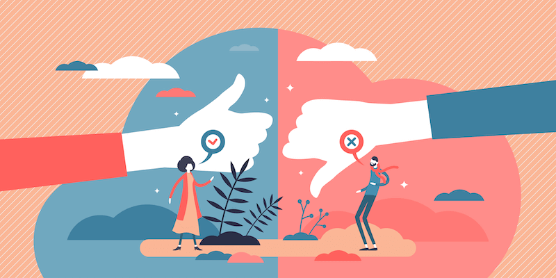 Cartoon image of thumbs up and thumbs down, and people contemplating whether or not to move forward. This image is about whether or not selling your house quickly to a house-buying company is right for you.