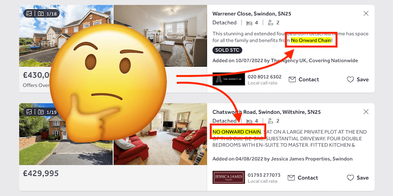 A confused emoji and a screenshot from Rightmove, showing two properties listed as "No onward chain" - main image for our article on what no onward chain means.