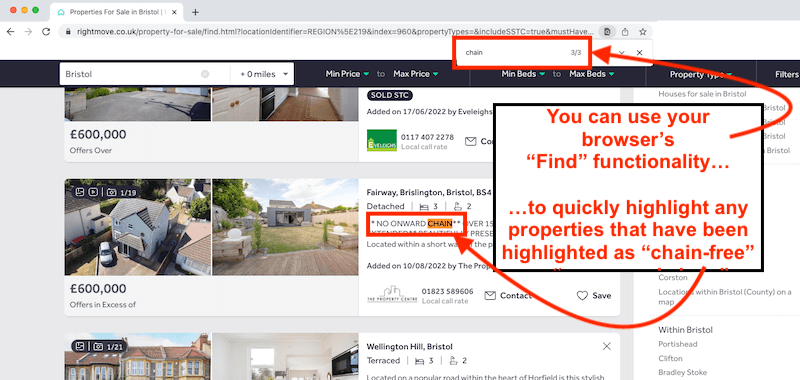 Screenshot of a browser on Rightmove. We're using the browser's built-in functionality to identify properties listed as "no onward chain", "chain-free" etc. 