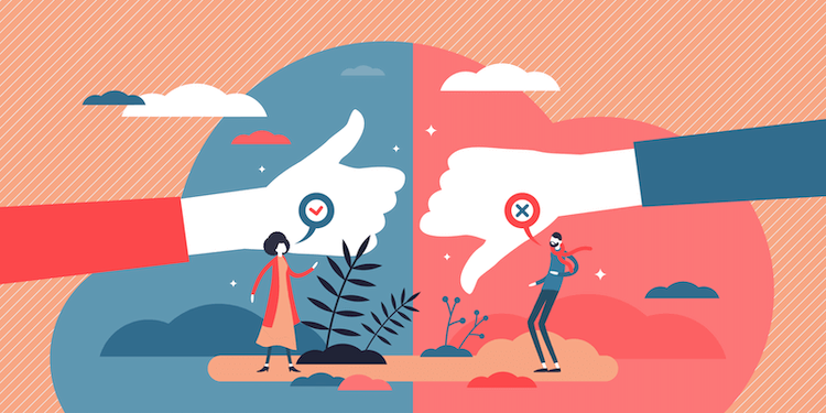 Image of a thumbs up and a thumbs down on a red and blue background. 