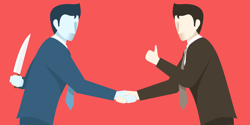 Image of an untrustworthy estate agent. He is hiding a knife behind his back while shaking hands with a client. 