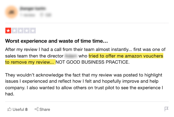 A screenshot of a review of a house-buying company.