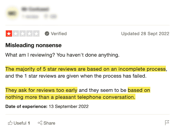 A screenshot of a review of a house-buying company.