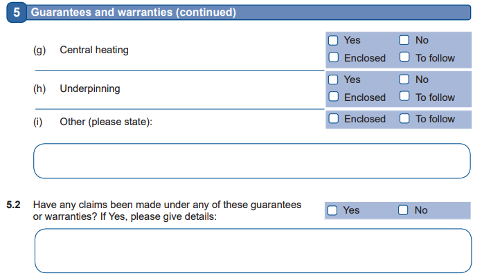 Extract from Seller's Property Information Form (TA6) requesting details of underpinning and other remedial works to treat subsidence.