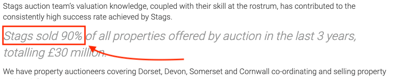 Screenshot of Stags Property Auctions, displaying their success rate front-and-center.